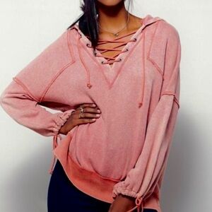 FREE PEOPLE Believe It Lace Up Hooded Winston Boho Oversized Pullover Lagan Look